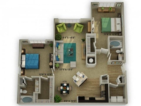 Floor plan for 2 beds, 2 baths, 1252 sqft